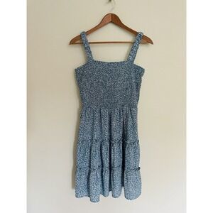 Ditsy Floral Smocked Blue/White Short Dress. Large. Open Ladder-Back. Tiered.